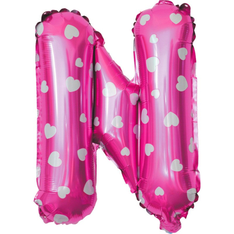 Balon Folie Metalizata Litera N, 40 cm, Cu Imprimeu Inimioare, Umflati cu Heliu sau Aer, Ambalaj Individual, Pai inclus, Roz [2]