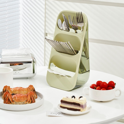 Suport - Organizator pentru Tacamuri, 3 Compartimente, Suport pentru Cosmetica, Ustensile, Material PP Durabil, 33 x 16 x 15 cm Verde [1]