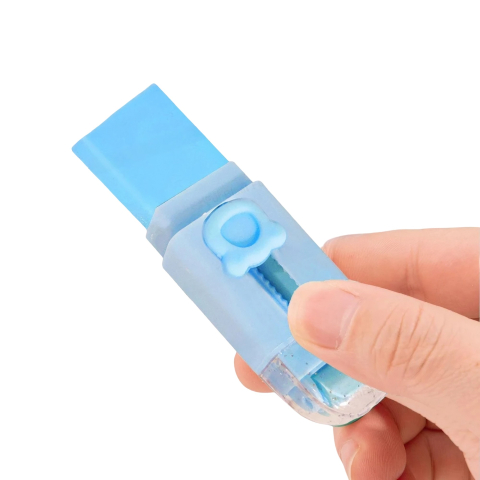 Radiera Retractabila, Model Ursulet, Reglare Push-Pull, Radiera de tip Push, Doua Radiere de Rezerva in set din Cauciuc, Albastru deschis [3]