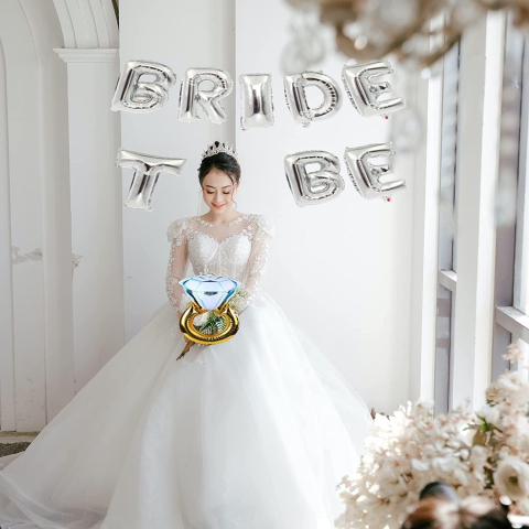 Set Baloane din Folie Metalizata, Model Bride to Be cu Inel de Logodna, Litere de 40 cm, Baloane Party, Ambalaj Individual, Pai Inclus, Umflare cu Aer sau Heliu, Argintiu [6]