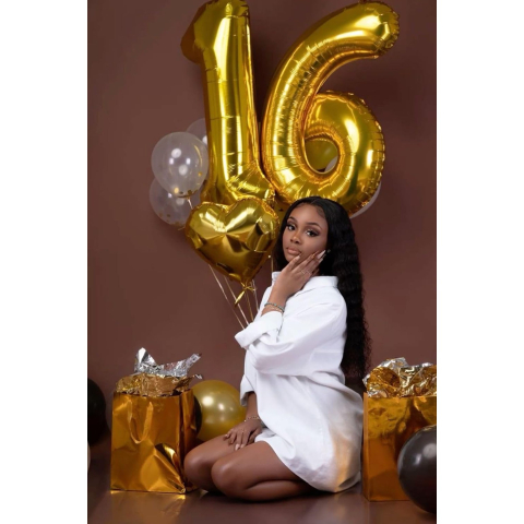 Balon din Folie Metalizata Figurina Cifra, Tema Aniversare 40 cm, Ambalaj Individual, Pai inclus, Umflare cu Aer sau Heliu, Auriu, Cifra 6 [3]