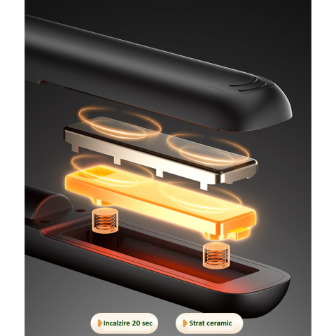 Placa de Par fara Fir, Adaptor Tip C, Tensiune 5V, Capacitate Baterie 3000 mAh, Indreptat, Ondulat, 4 Trepte de Temperatura, 21.8 x 3.1 x 3.4.1 cm, Negru [8]