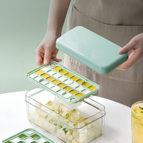 Set Cutie pentru Gheata, Uz Casnic, Doua Tavite pentru Cuburi, Capac Etans, Lopata, 23.5x13.3x10 cm, Verde [7]