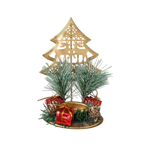Suport Decorativ pentru Lumanare de Craciun, Ornament pentru Lumanare pe Masa, Model Brad cu Reni si Crengute de Brad, din Art Metal, fara Lumanare 13 x 8.3 cm, Auriu [2]