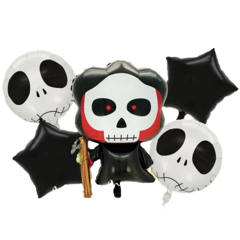 Baloane si Accesorii Halloween - Set 5 Baloane din Folie Metalizata, Figurine, Tema Halloween, Pai Inclus, Ambalaj Individual, Umflare cu Aer sau Heliu, Figurina Craniu 50.5x74 cm, Stelute si Cerculete 45 cm, Alb-Negru