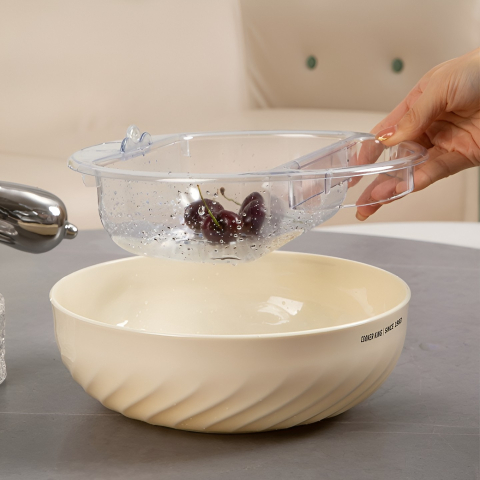 Bol cu Doua Straturi, pentru Fructe, Legume, Snacks, cu Strat de Scurgere a Apei, Suport pentru Telefonul Mobil, 22.4x9 cm, Crem [4]