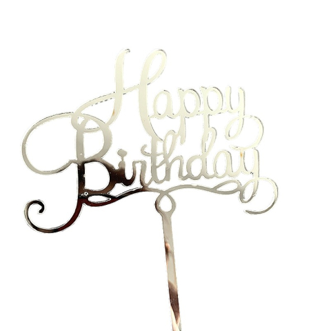 Lumanari si Toppere - Decoratiune Topper pentru Tort, Model Happy Birthday, Tematica Aniversare, 10 cm, Argintiu