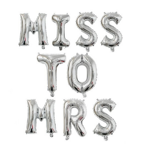 Tematica Nunta - Set Baloane din Folie Metalizata, Model Scris Miss to Mrs, Litere de 40 cm, Tema Iubire, Baloane Party, Ambalaj Individual, Pai Inclus, Umflare cu Aer sau Heliu, Argintiu