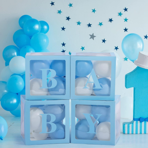 Set 4 Cutii pentru Baloane, Model Scris Baby, Tematica Iubire, Cuburi Decorative din Plastic, Accesorii pentru Petrecere, 30 x30 cm, Transparente Contur Albastru [4]