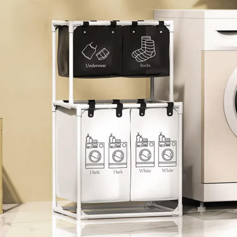 Cos de Rufe, cu 2 Etaje, 4 Cosuri, Cadru de Otel Inoxidabil, 97x44x57 cm, Alb [1]