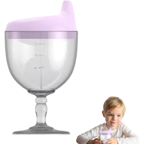 Pahar din Plastic Transparent cu Picior, pentru Copii, 14 x 7.7 cm, cu Cioc Antiscurgere, + 3 Ani, Fara Maner, Mov [4]