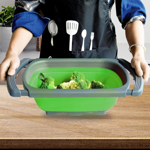 Cos de Scurgere Retractabil pentru Chiuveta, cu Filtru, pentru Fructe si Legume, de Uz Casnic, 39x12 cm, Design Extensibil pana la 61 cm, cu Manere de Prindere, Verde [5]