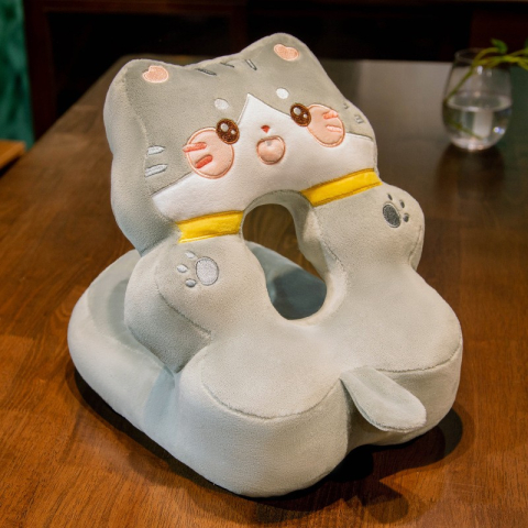 Perna din Spuma, pentru Birou, Calatorii, Model Pisica, Lavabila, Umplutura de Bumbac, Spatiu Cap in Forma de 8, 30x35x30 cm, Gri [1]