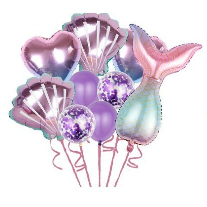 Seturi Baloane Folie - Set baloane aniversare pentru fetita, set din 9 baloane, Tematica Sirene, 5 Baloane Folie, 4 baloane latex, cu inimii Mov metalizat