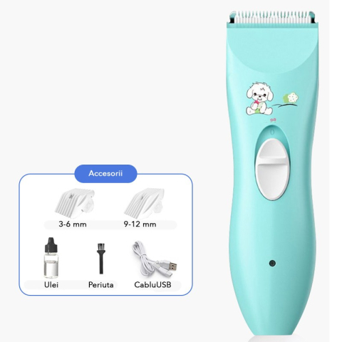 Masina De Tuns Bebelusi si Copii, Lame Cermice si Inox, Fara Fir, Functie Anti Taiere, Silentios, 50 W, Rezistent la Apa, 2 Accesorii, Incarcator USB, Model Ursulet, Albastru deschis [1]