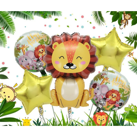 Set 5 Baloane din Folie Metalizata, Figurine, Tema Aniversare Jungla, Pai Inclus, Ambalaj Individual, Umflare cu Aer sau Heliu, Figurina Leu 69.5x101 cm, Stelute si Cerculete 45 cm, Multicolor [2]