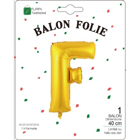 Balon Folie Metalizata Litera F, 40 cm, Umflati cu Heliu sau Aer, Ambalaj Individual, Pai inclus, Auriu [1]
