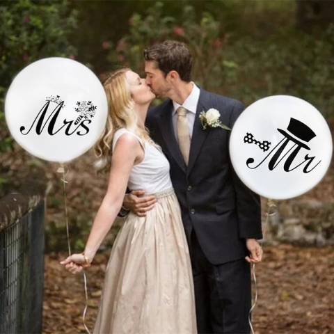 Set 10 Baloane din Latex, Model Party Casatorie, Mr&amp;Mrs Just Married, 2.8 g, 30 cm, Alb/Negru [2]