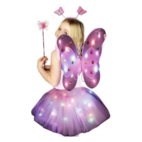 Costum Fluturas cu Aripi Modelabile Luminoase pentru Copii, Fusta din Tul cu Lumini, Bagheta si Bentita, 4 piese, Pentru Halloween, Roleplay, Craciun, Carnaval, Paste, Ziua Copilului, Bumbac/Poliester, Marime universala, Roz-Rosu [2]