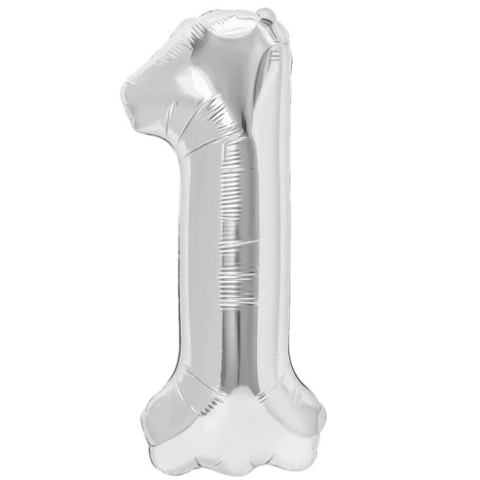 Cifre - Balon din Folie Metalizata, Figurina Cifra, Tema Aniversare 40 cm, Ambalaj Individual, Pai inclus, Umflare cu Aer sau Heliu, Argintiu, Cifra 1