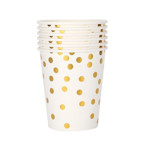 Articole Servire Masa - Set 10 Pahare, Imprimeu cu Buline, din Carton, 250 ml, 7.5 x 8.5 x 5.2 cm, Auriu