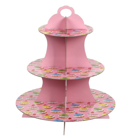 Articole Petrecere - Suport Prajituri, 3 Etaje, Design de Petrecere, pentru Prajituri, Candy Bar, din Carton, Roz/Multicolor