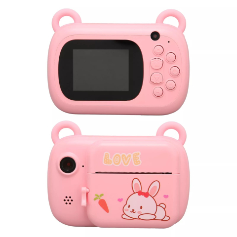 Camera Instantanee pentru Copii, Camera Frontala + Selfie, cu Functie de Printare, Cablu USB-C, Bluetooth, Compatibil iOS/Android, Imprimare APP, Model Iepure Love, Roz [3]