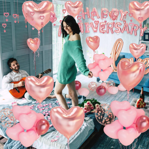 Set Baloane din Folie Metalizata, Model Happy Anniversary, Litere de 40 cm, Baloane Party, Ambalaj Individual, Pai Inclus, Umflare cu Aer sau Heliu, Roz [10]