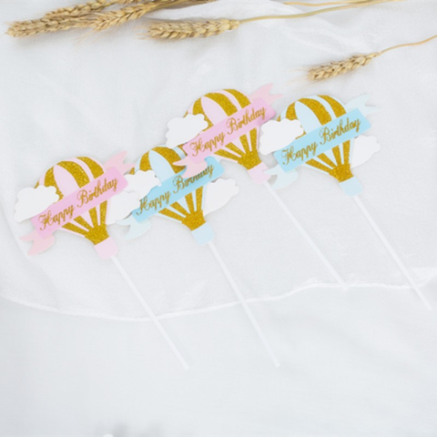 Set 3 Toppere pentru Tort, Model Balon cu Aer Cald Happy Birthday, Tematica Aniversare, Roz [2]