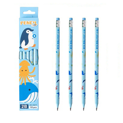 Accesorii Birou si Consumabile - Set 10 Creioane Negre, 2B, pentru Elevi Scoala, cu Radiera, Model Albastru cu Pinguini