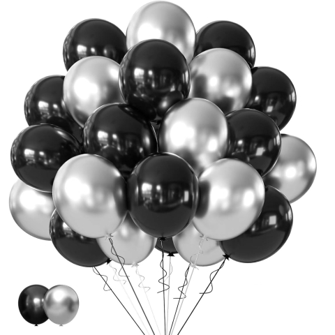 Set 10 Baloane din Latex Chrome, Model Party, 23 cm, Negru Argintiu, 2.2 g [8]