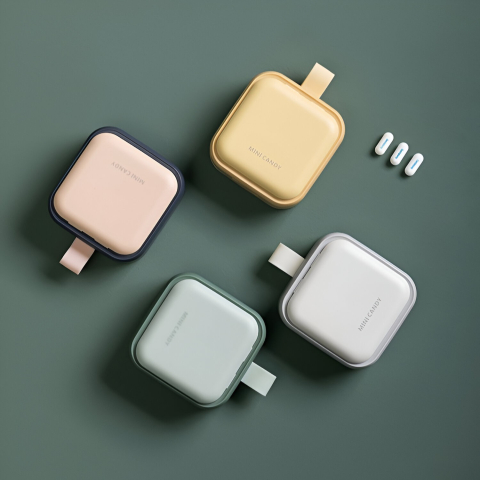 Cutie Depozitare Medicamente Mini, 4 Compartimente, Inchidere Etans, Portabila, Patrat, Roz-Negru, PP, 7.5x7.5x3 cm [3]