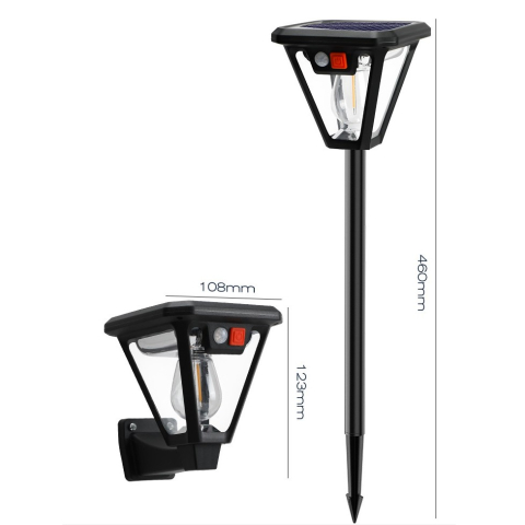 Lampa Solara LED, Tip Felinar, pentru Perete/Sol, 10.8 x 12.3 x 46 cm, 3 Moduri, Lumina Calda, din ABS si PP, Negru [2]