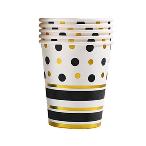 Articole Servire Masa - Set 10 Pahare, Imprimeu cu Buline si Dungi, din Carton, 250 ml, 7.5 x 8.5 x 5.2 cm, Negru/Auriu