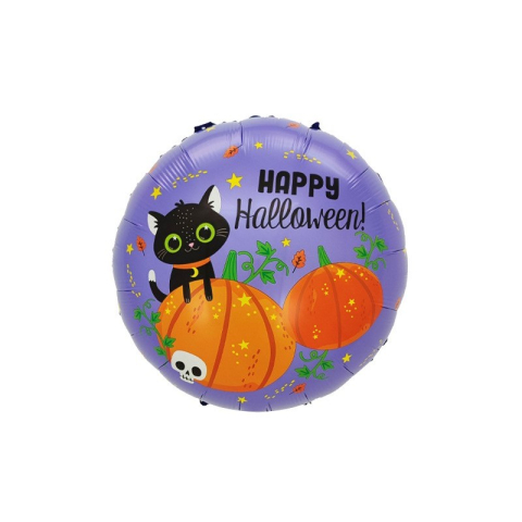 Set 5 Baloane din Folie Metalizata, Figurine, Tema Halloween, Pai Inclus, Ambalaj Individual, Umflare cu Aer sau Heliu, Figurina Dovleac si Pisica 84x69 cm, Stelute si Cerculete 45 cm, Multicolor [6]