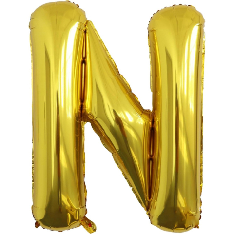 Litere - Balon Folie Metalizata Litera N, 80 cm, Umflati cu Heliu sau Aer, Ambalaj Individual, Pai inclus, Auriu