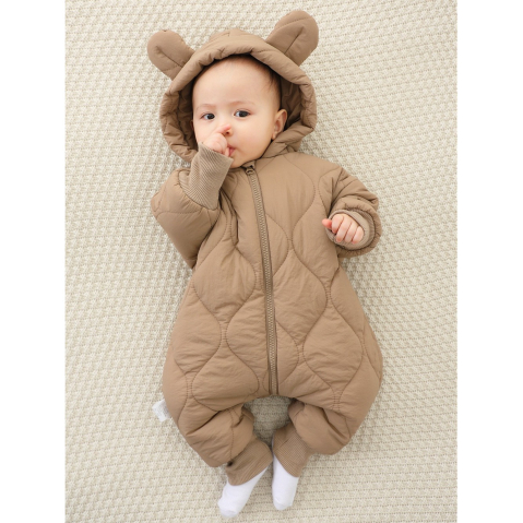 Combinezon de Iarna, pentru Bebelusi, din Bumbac, cu Urechi, Mansete Elastice, Unisex, 66 cm, Maro [1]