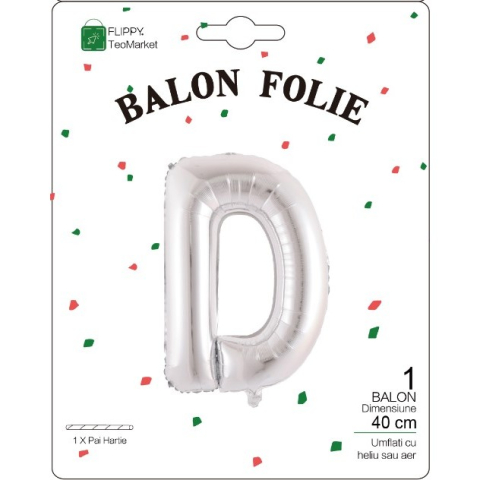 Balon Folie Metalizata Litera D, 40 cm, Umflati cu Heliu sau Aer, Ambalaj Individual, Pai inclus, Argintiu [1]