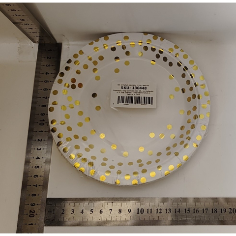 Set 10 Farfurii Unica Folosinta, Imprimeu cu Buline, din Carton, Diametru 18 cm, Alb/Auriu [4]
