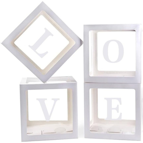 Set 4 Cutii pentru Baloane, Model Scris Love, Tematica Iubire, Cuburi Decorative din Plastic, Accesorii pentru Petrecere, 30 x30 cm, Transparente Contur Alb [6]