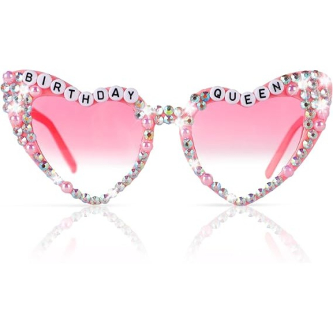 Tematica Nunta - Ochelari Decorativi, Model Birthday Queen, cu Diamante, pentru Aniversari, din PC, 15.3 x 5.7 x 14.5 cm, Roz