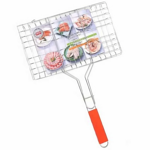 Ustensile pentru Bucătărie - Gratar pentru Peste si Carne, Suprafata Utila 32x19 cm, Otel Inoxidabil, cu Maner, Portabil, Argintiu