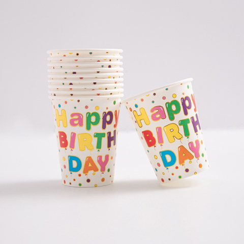 Set 10 Pahare, Imprimeu Happy Birthday, din Carton, 250 ml, 7.5 x 8.5 cm, Multicolor [1]