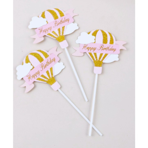 Set 3 Toppere pentru Tort, Model Balon cu Aer Cald Happy Birthday, Tematica Aniversare, Roz [5]