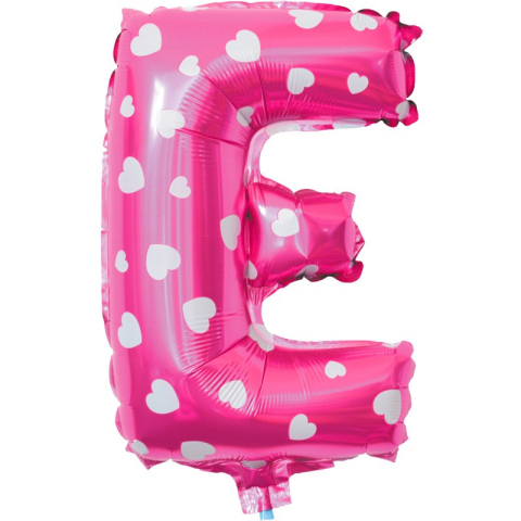Litere - Balon Folie Metalizata Litera E, 40 cm, Cu Imprimeu Inimioare, Umflati cu Heliu sau Aer, Ambalaj Individual, Pai inclus, Roz