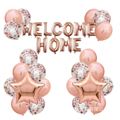 Seturi Baloane Folie - Set baloane folie si latex, WELCOME HOME, 22 de piese, 20 baloane latex, 2 baloane stea Folie, 1 set Welcome Home, Rose gold metalic