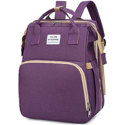 Rucsac Multifunctional pentru Mamici, cu Patut Pliabil si Baza de Schimbat, Rezistent la Apa, Capacitate Mare, Usor, Compartimente Multiple, Buzunar Termic pentru Lapte, 42 x 32 x 22 cm, Mov [2]
