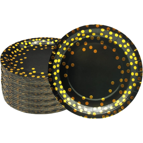 Set 10 Farfurii Unica Folosinta, Imprimeu cu Buline, din Carton, Diametru 23 cm, Negru/Auriu [3]