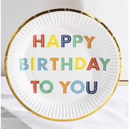 Set 10 Farfurii Unica Folosinta, Imprimeu Happy Birthday, din Carton, Diametru 18 cm, Alb [2]