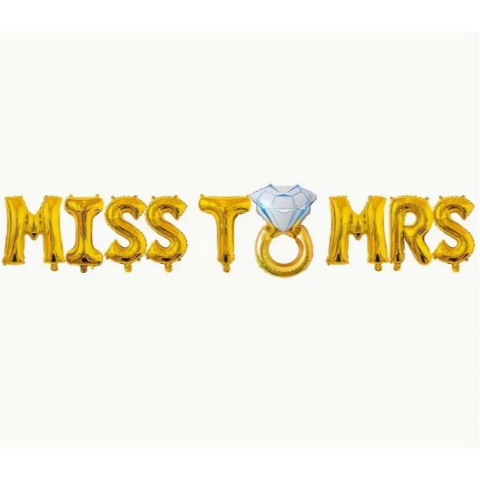 Set Baloane din Folie Metalizata, Model Miss to Mrs cu Inel de Logodna, Litere de 40 cm, Tema Iubire, Baloane Party, Ambalaj Individual, Pai Inclus, Umflare cu Aer sau Heliu, Auriu [6]